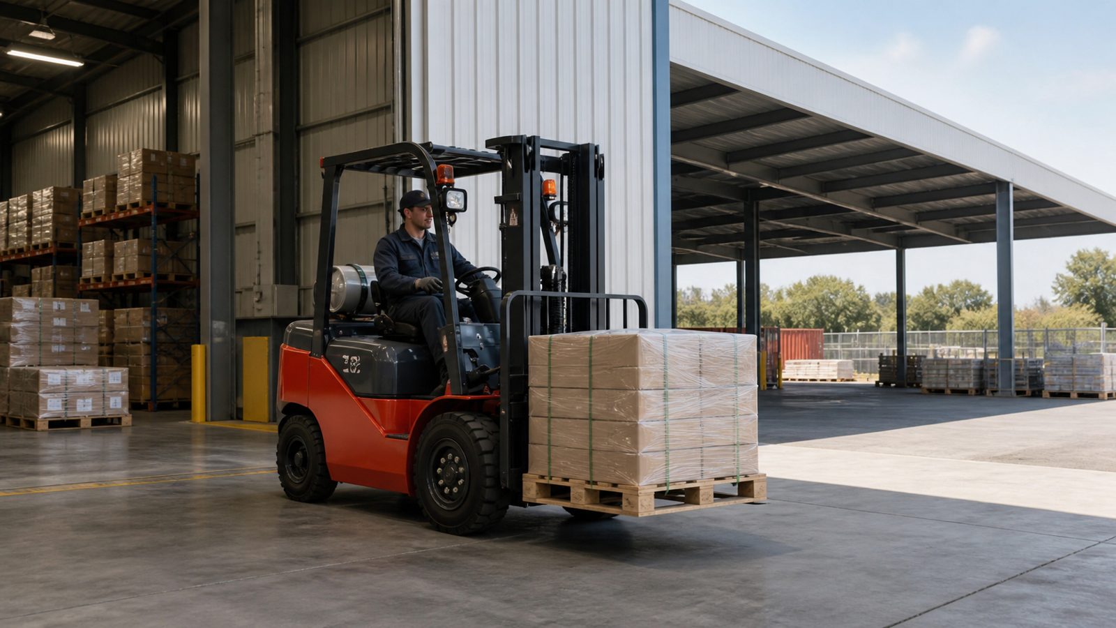 Compact ZGFORKLIFT LPG forklift moving between warehouse and covered yard