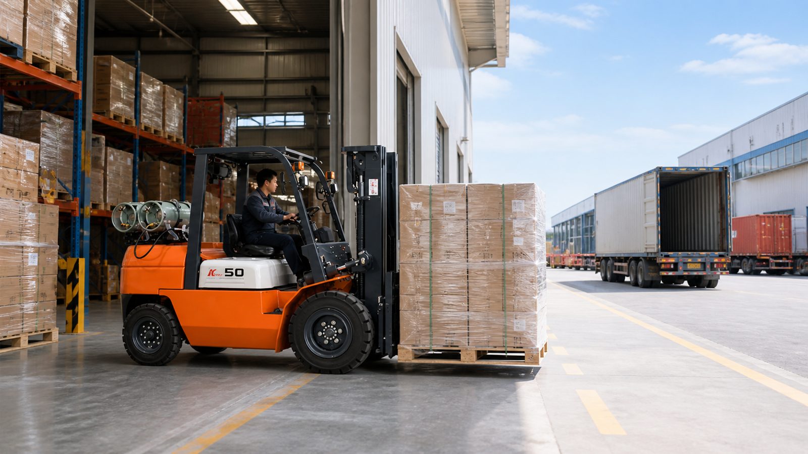 Orange 2 ton LPG forklift moving between warehouse and loading yard