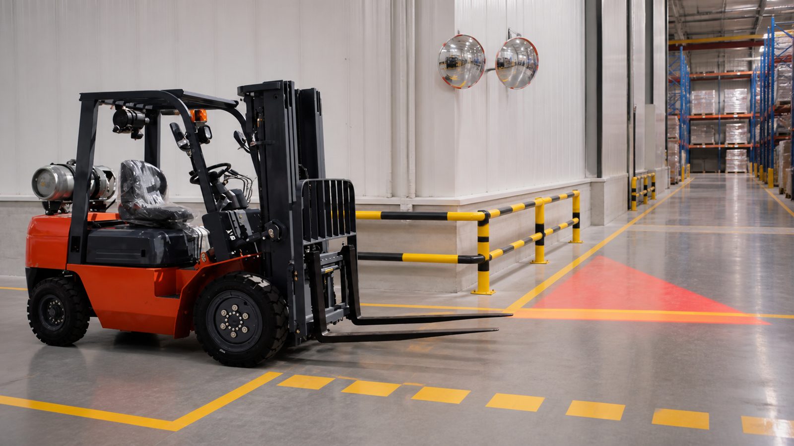 3 ton LPG forklift at a controlled blind warehouse intersection