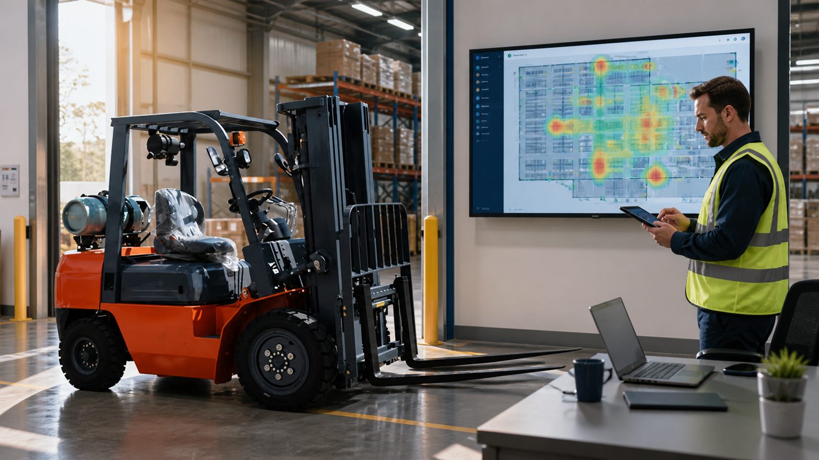 Warehouse safety manager reviewing a forklift near-miss heatmap