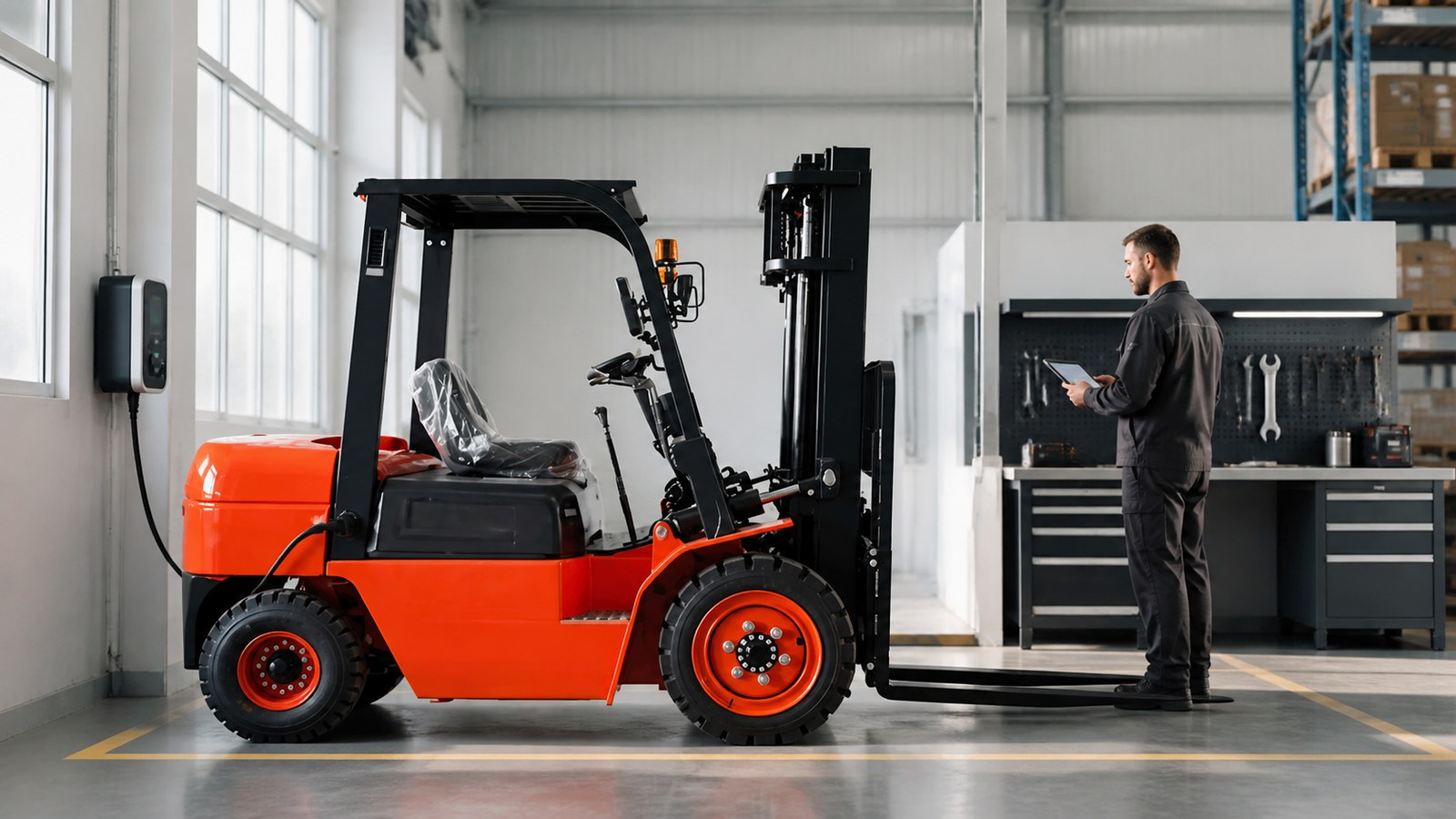Forklift maintenance bay with connected diagnostics