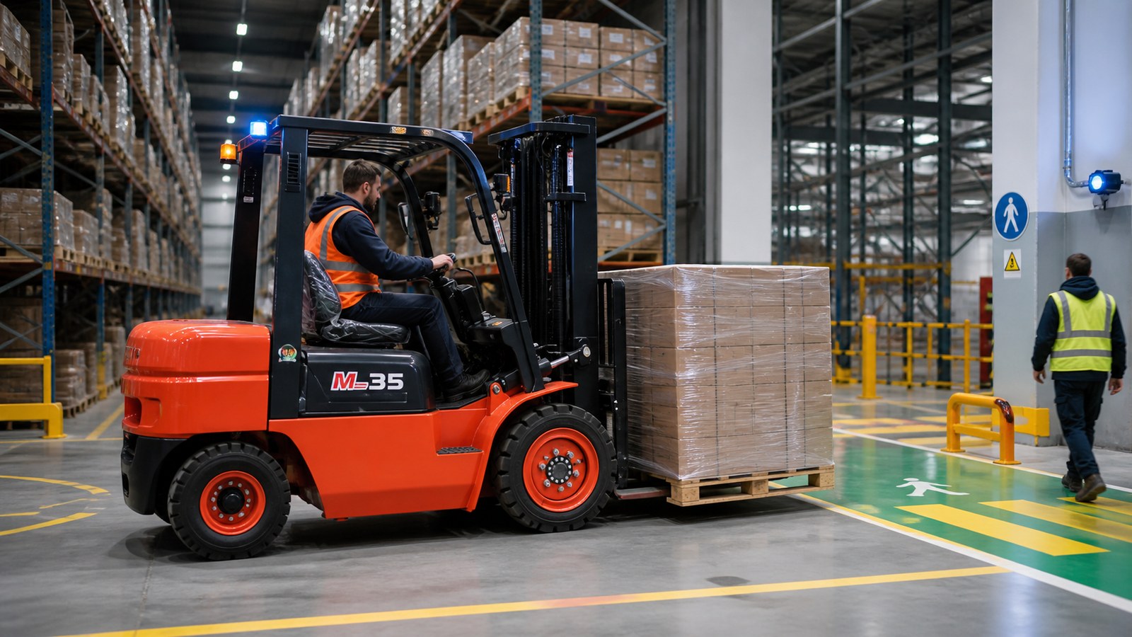 Forklift moving a pallet through a safely separated warehouse intersection