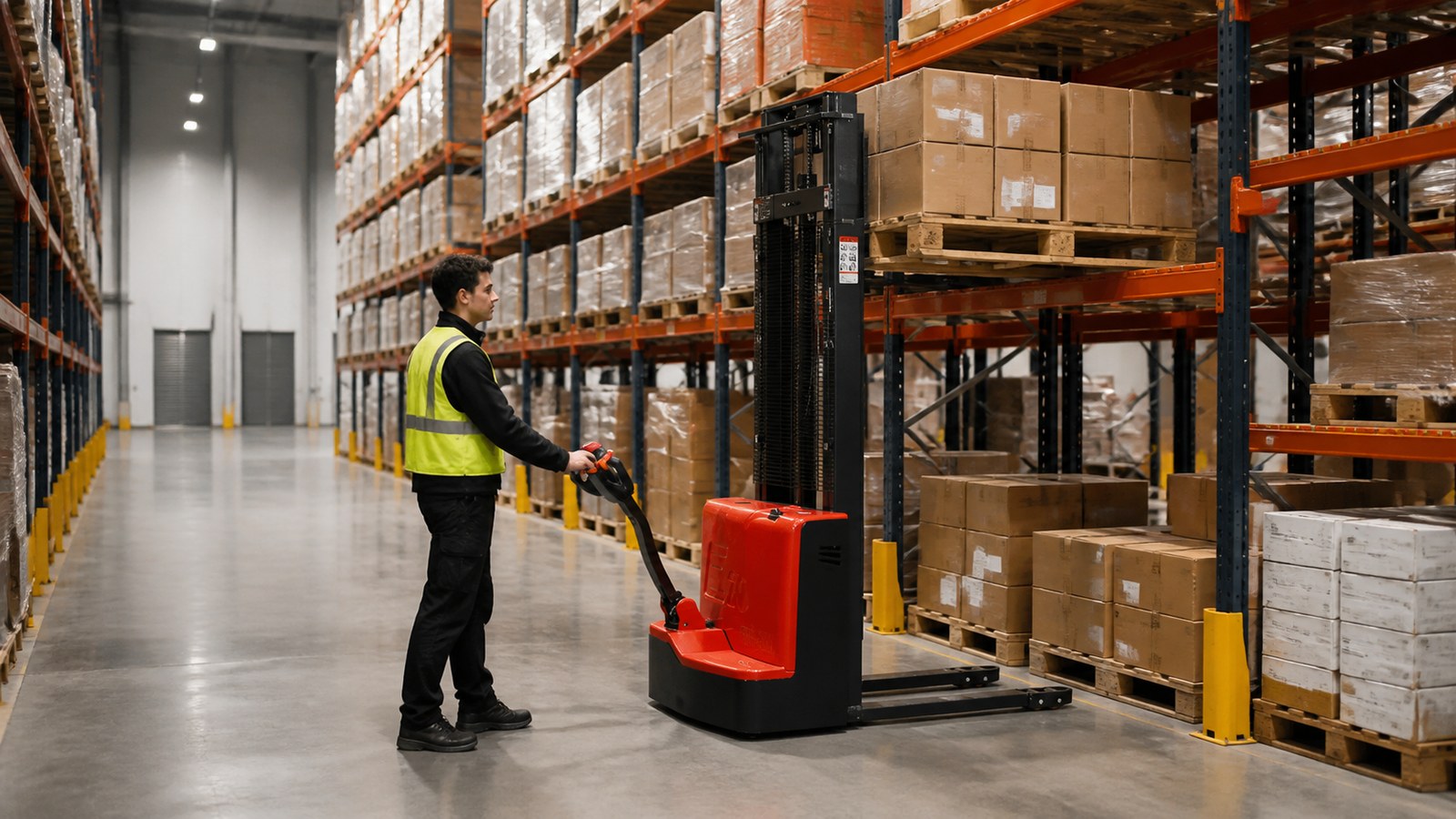 Electric stacker placing a pallet in vertical racking