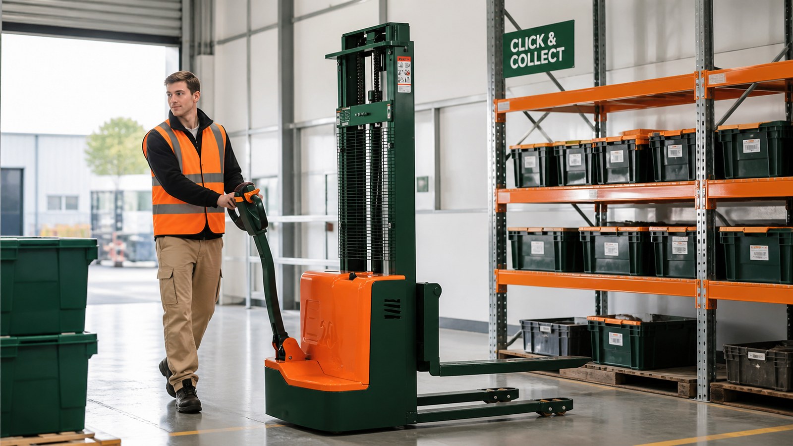 Pallet stacker serving an organized click and collect staging area
