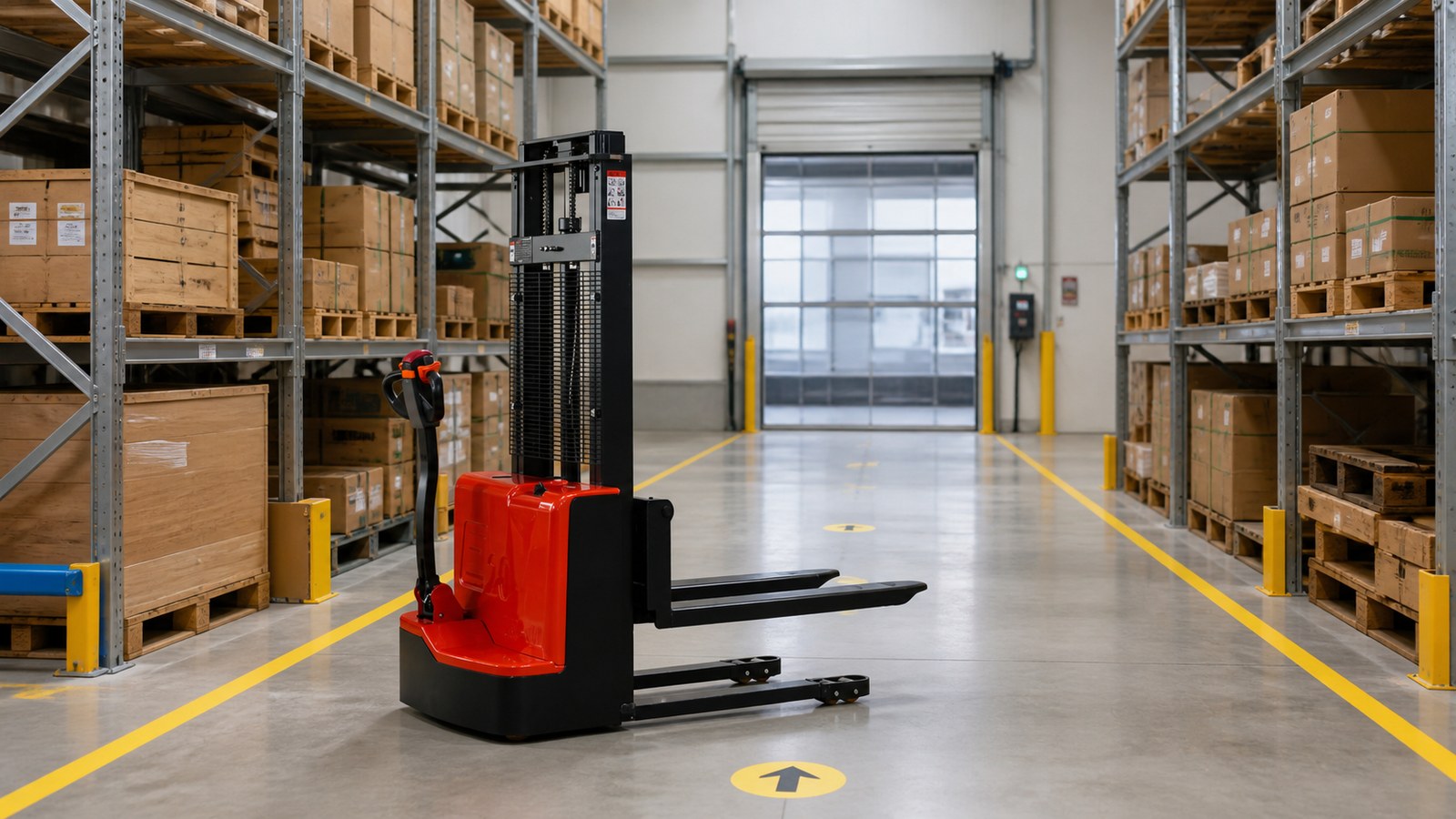 Compact stacker in a clearly marked dense warehouse aisle