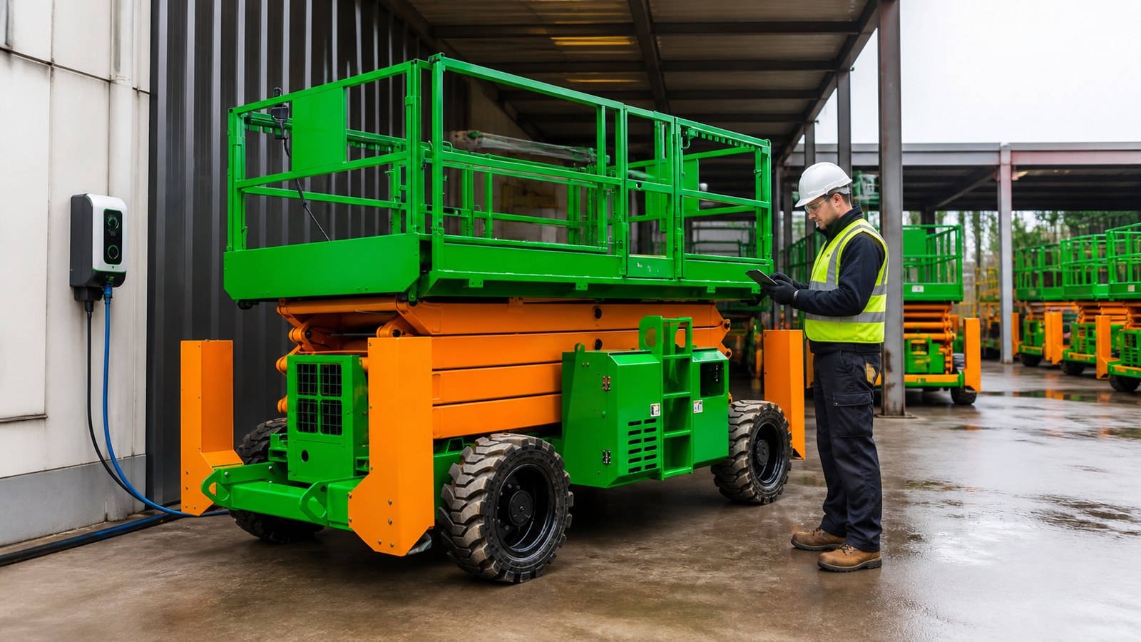 Electric scissor lift diagnostics at a rental fleet depot
