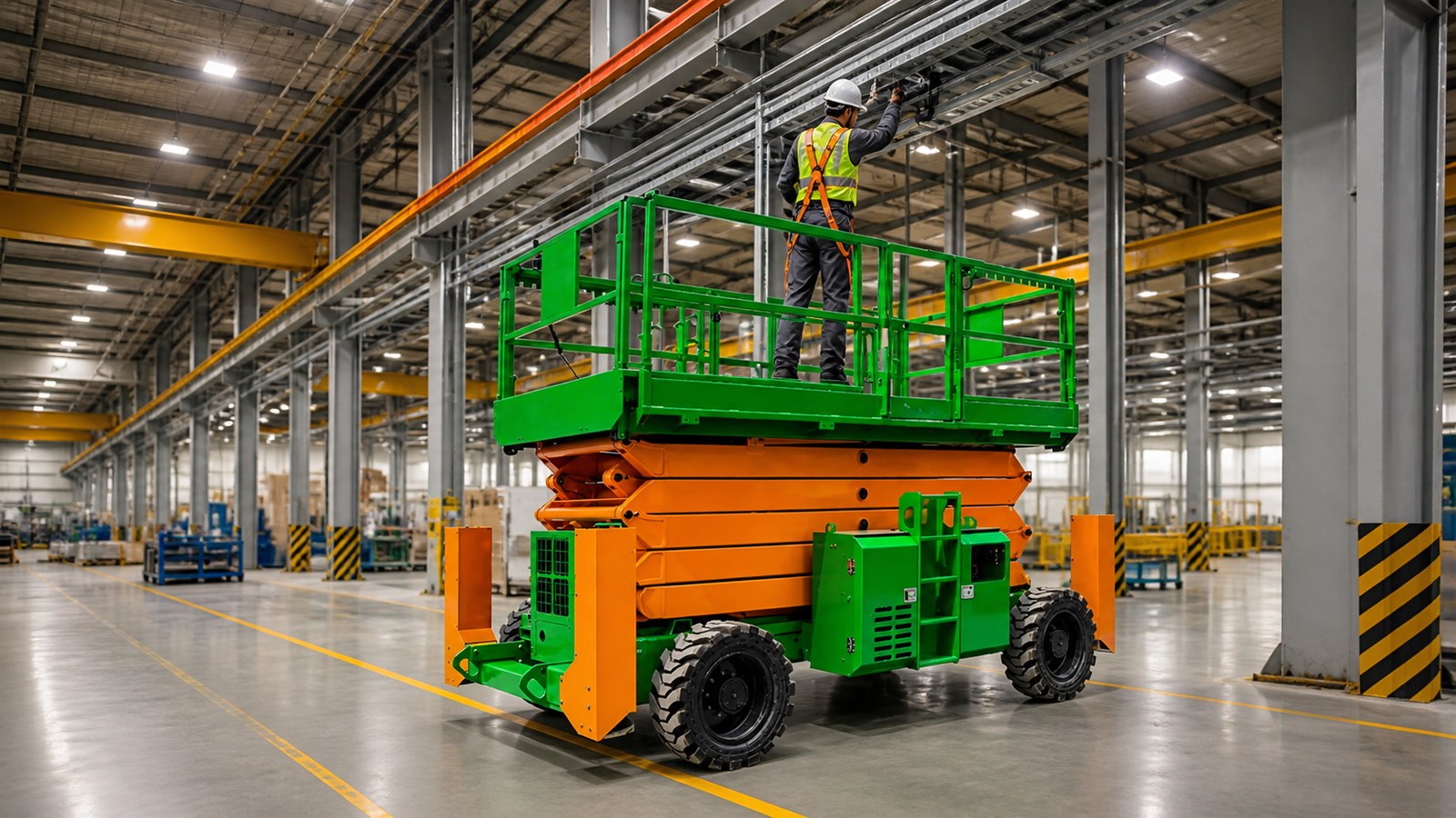 Scissor lift performing clean indoor overhead maintenance