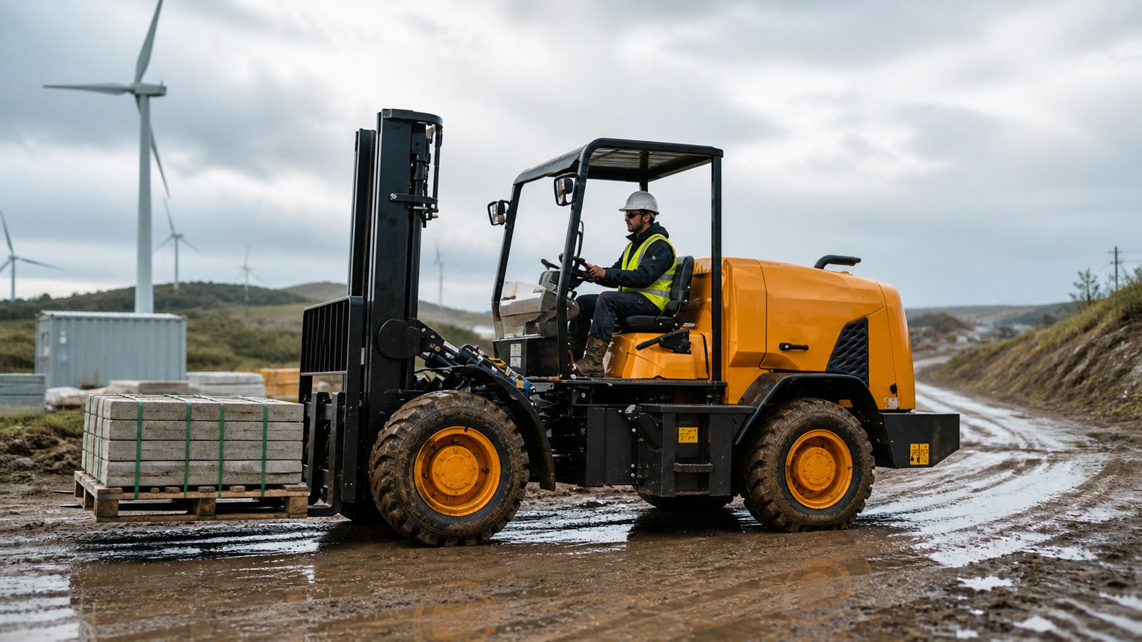 Rough terrain forklift working on a wet renewable energy site