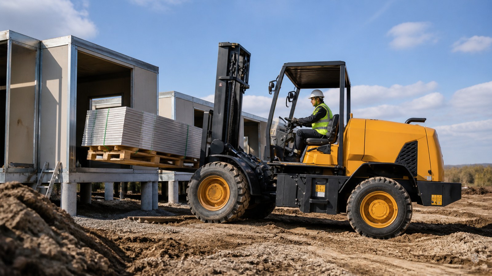 Off-road forklift unloading materials for modular construction