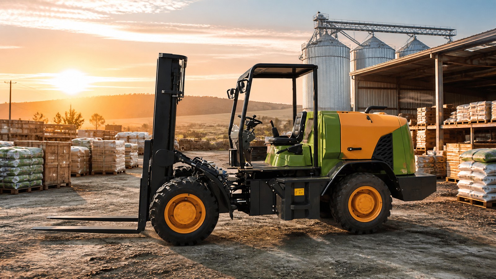 Rough terrain forklift serving a remote agricultural logistics yard