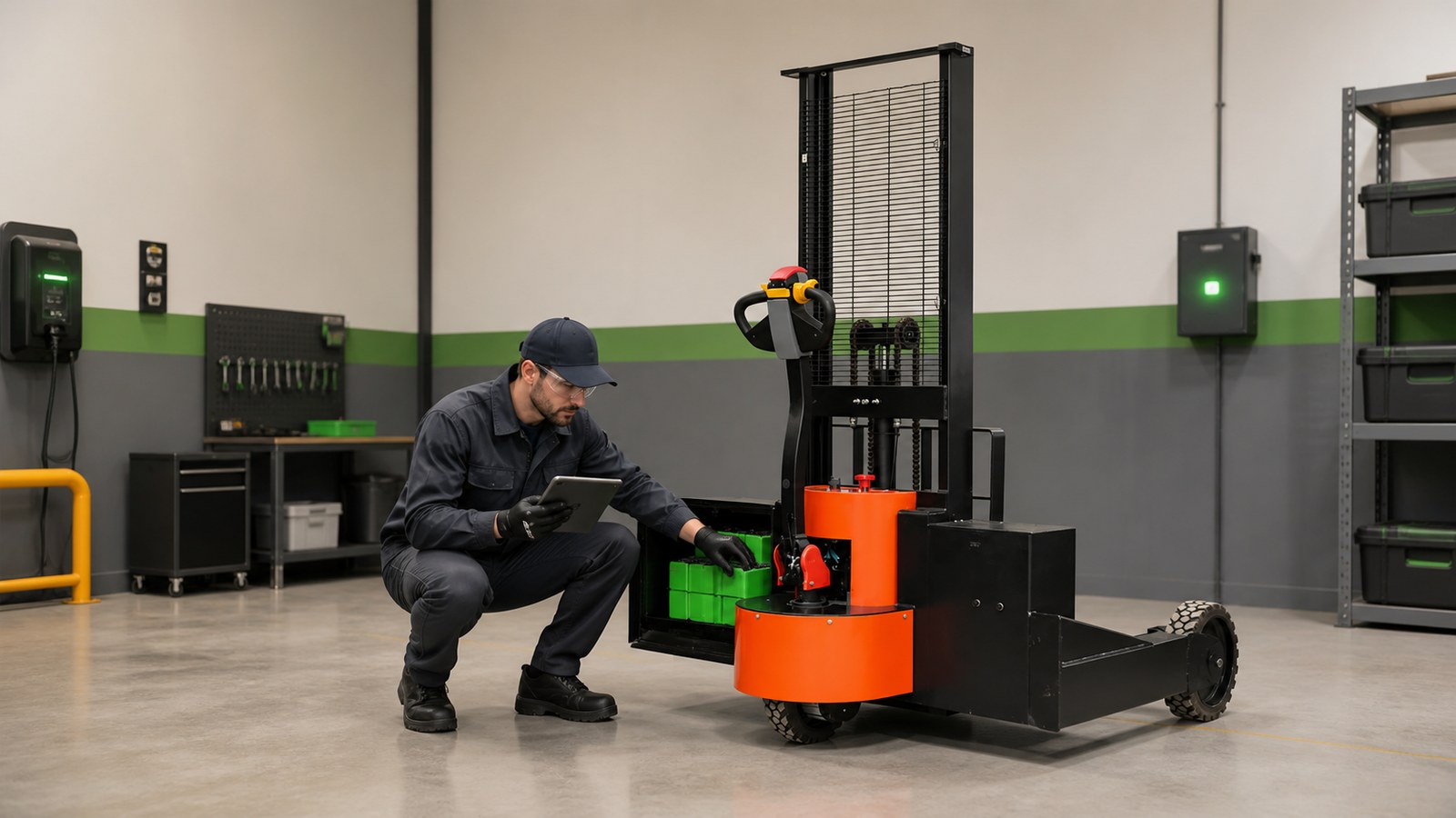 Technician inspecting an electric stacker battery and digital records