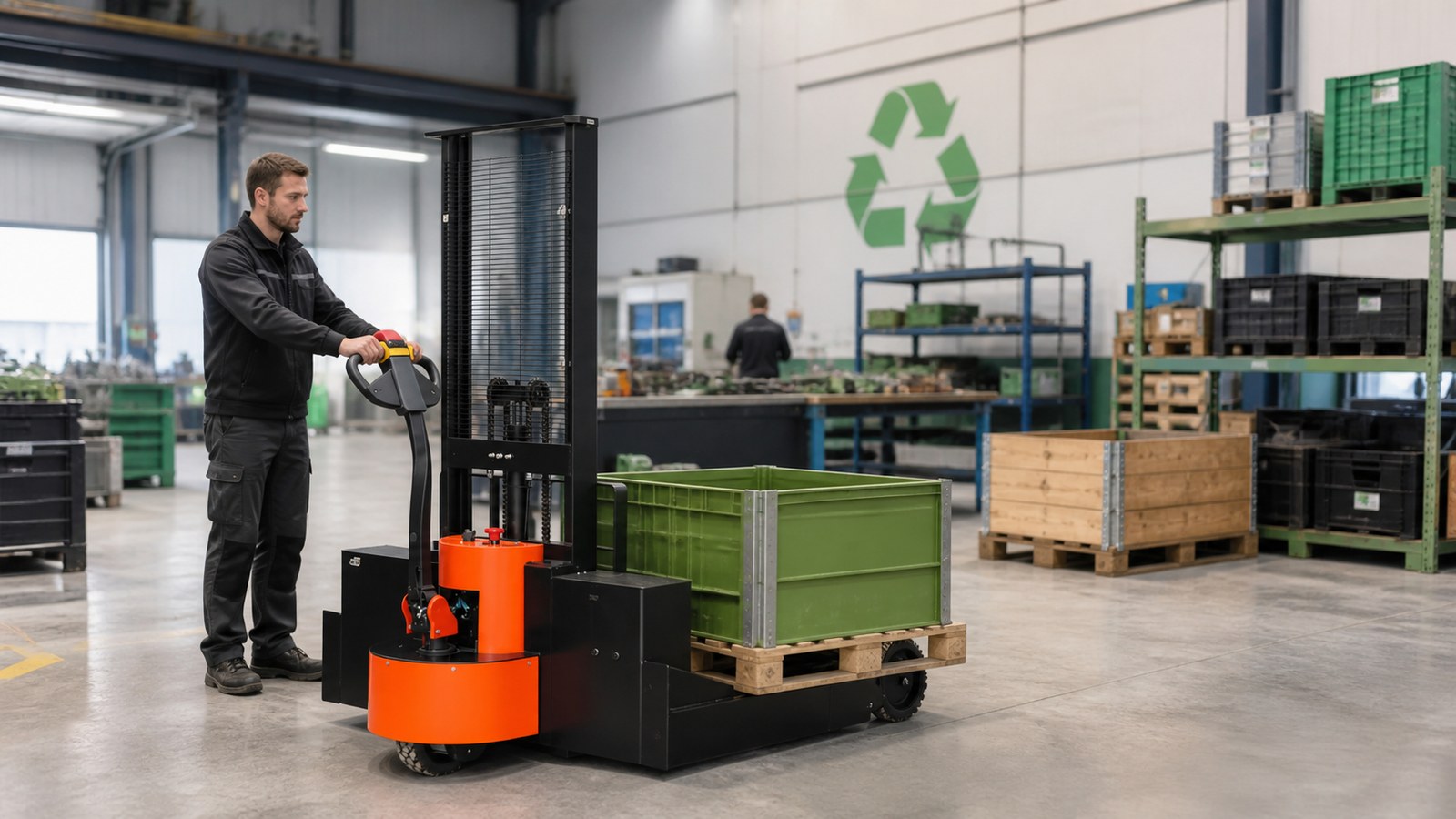 Electric pallet stacker in a circular economy remanufacturing warehouse