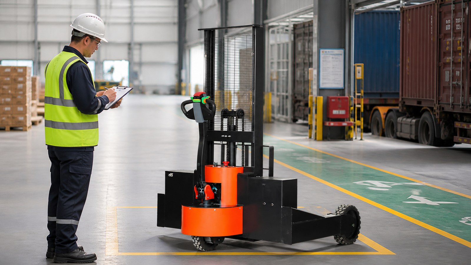 Electric stacker undergoing export documentation inspection