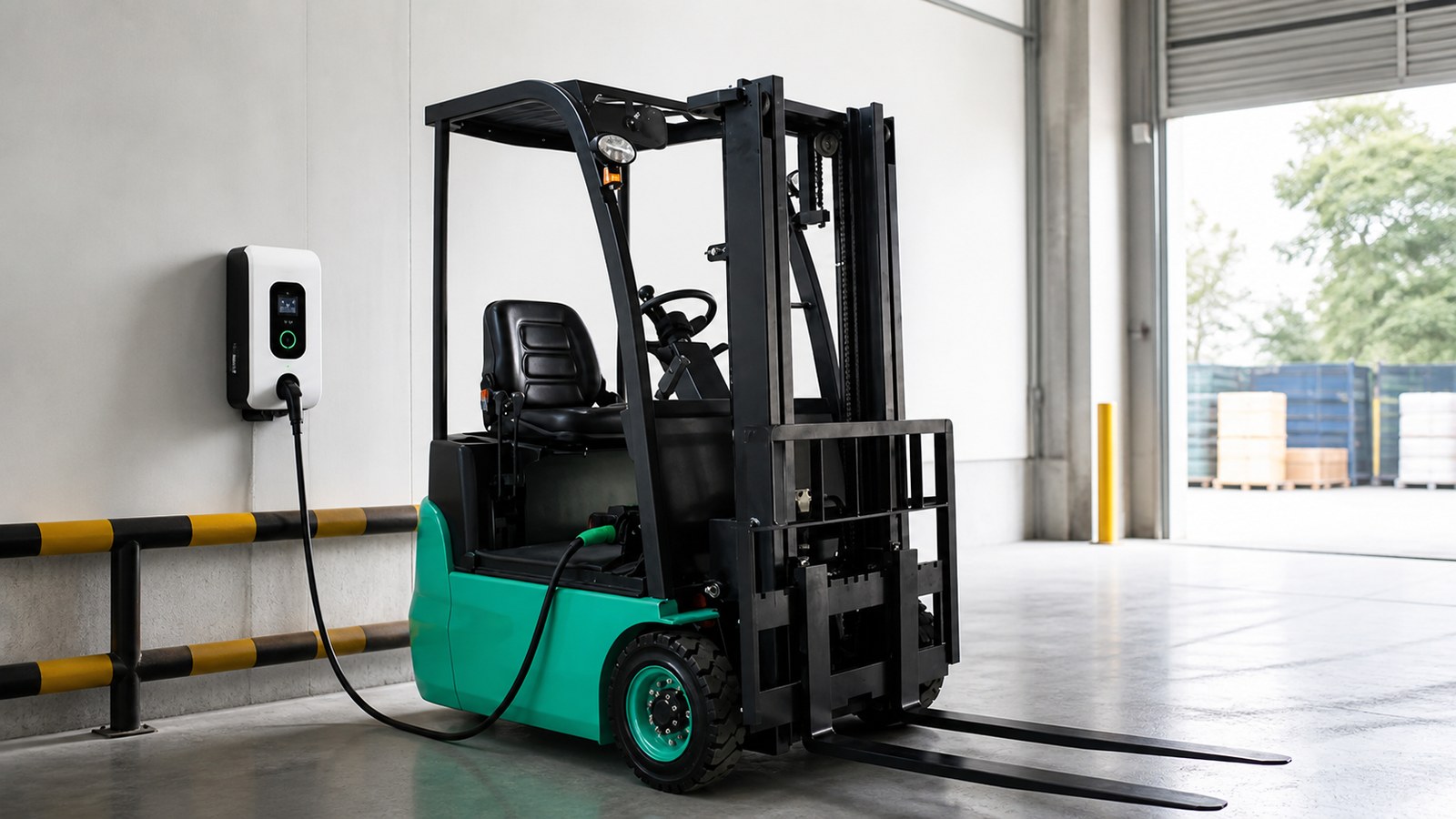 Electric forklift using a protected opportunity charging point
