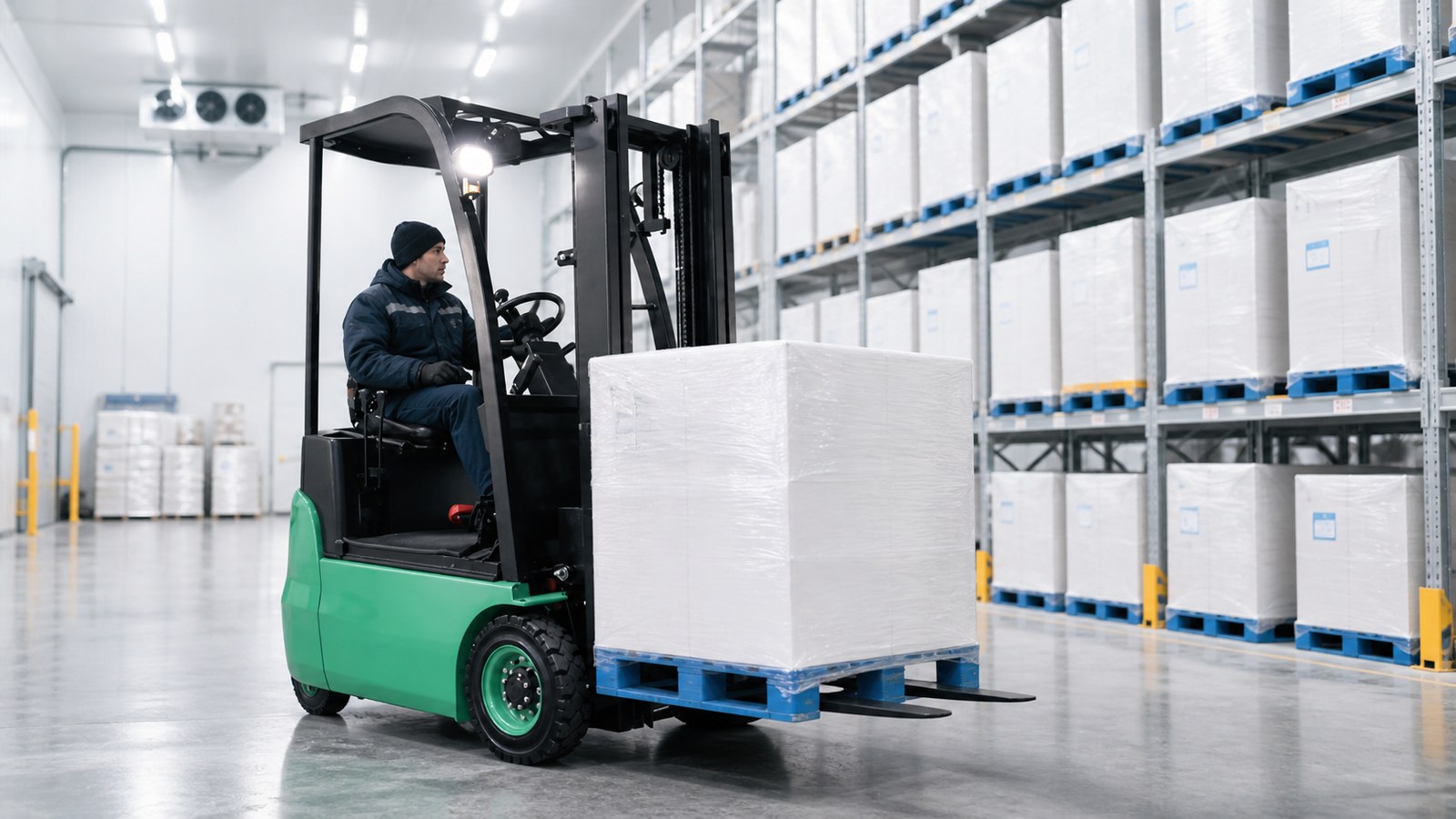 Electric forklift operating in an efficient cold chain warehouse