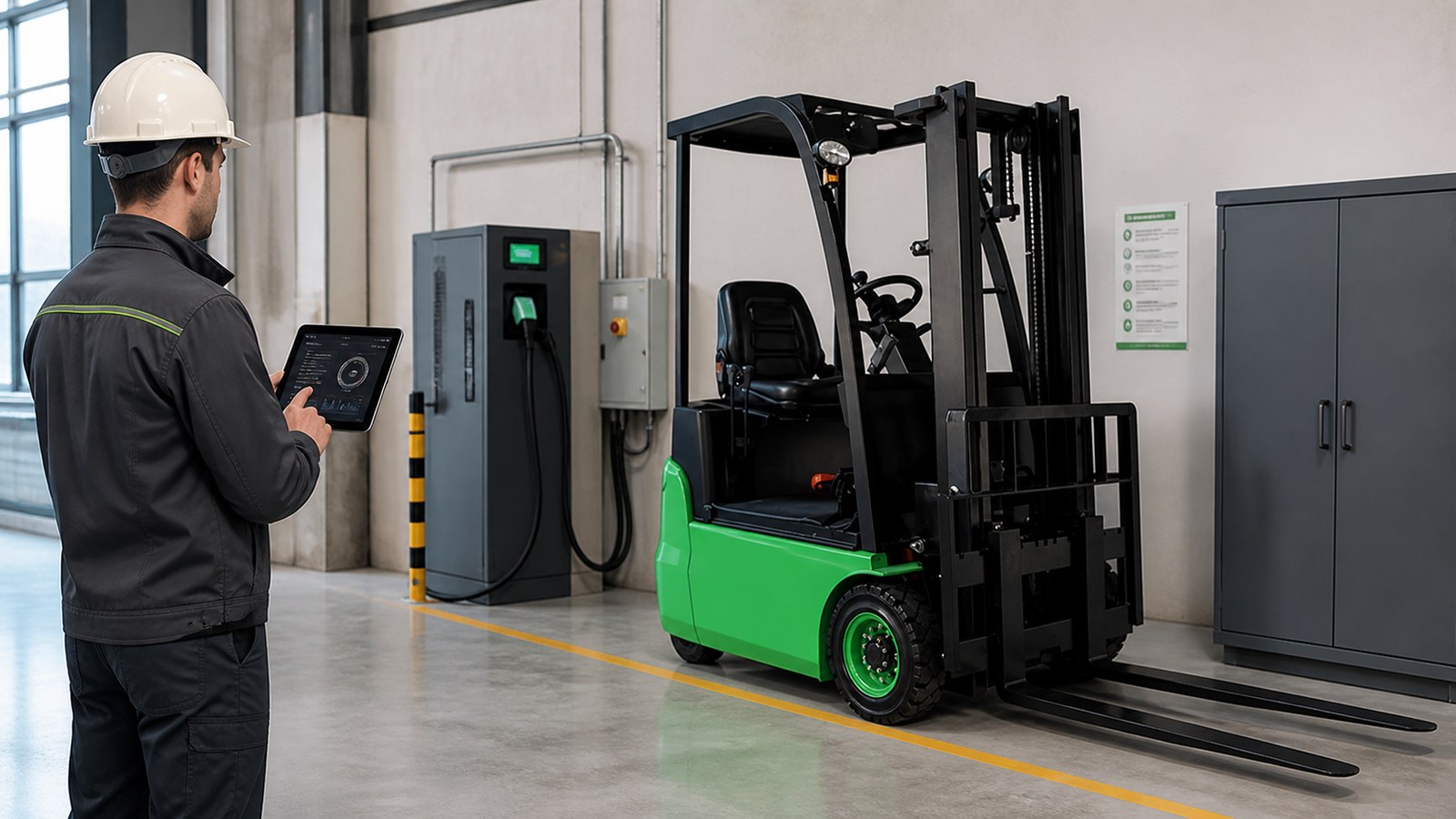 Technician reviewing electric forklift fleet energy performance