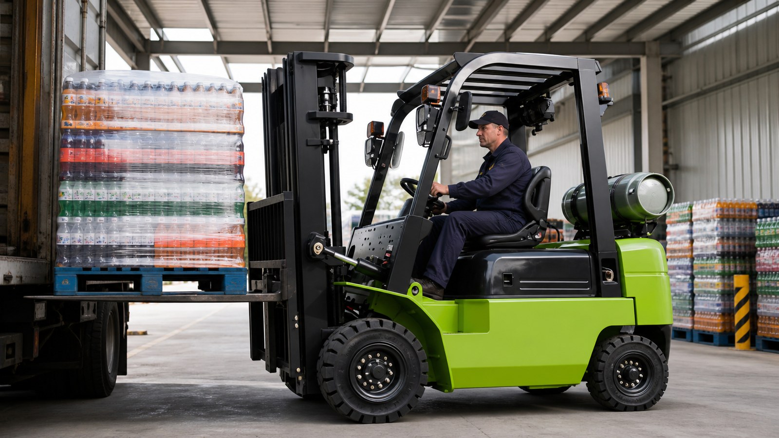 Dual fuel forklift handling beverages at a ventilated dock