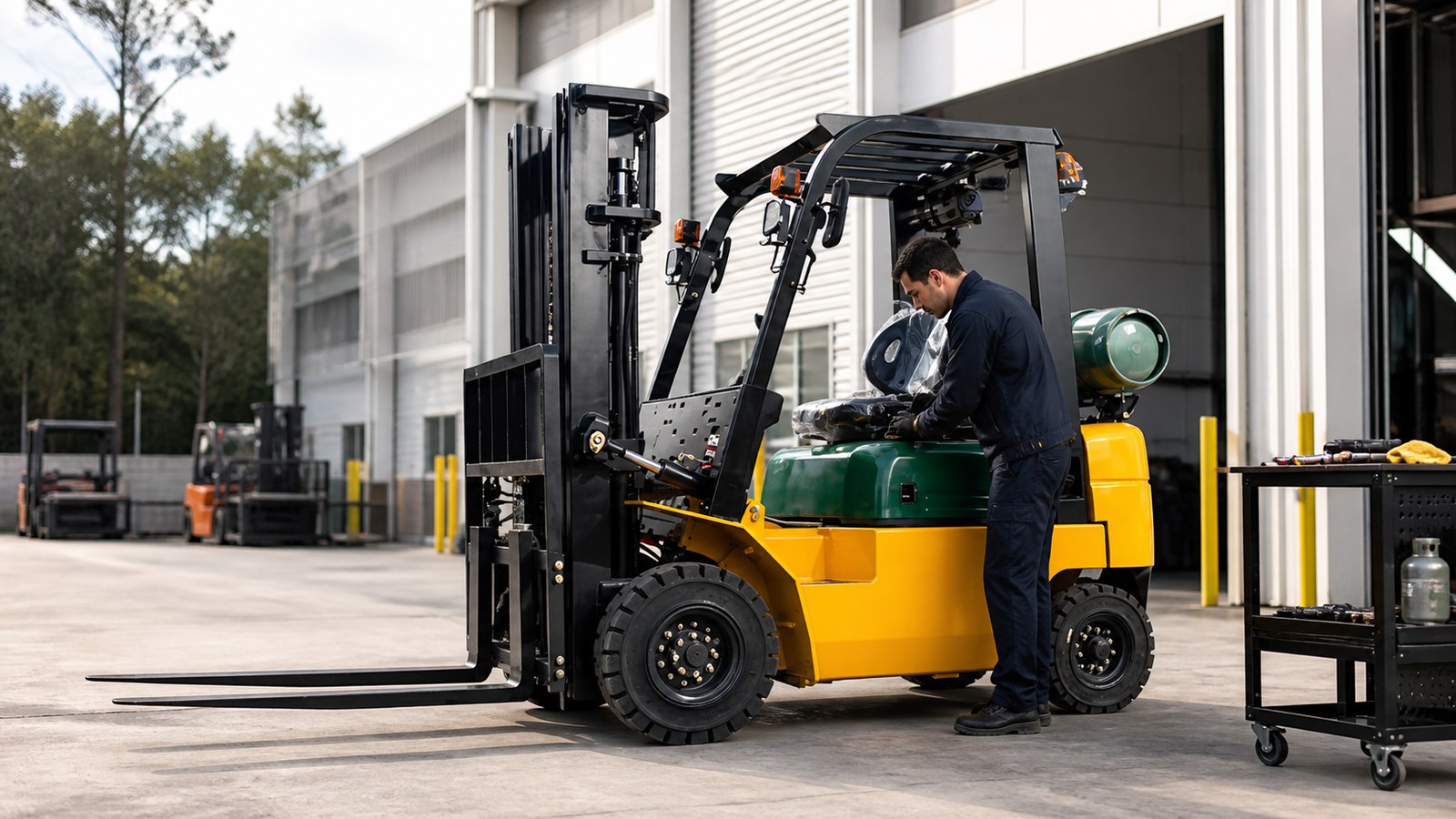 Dual fuel forklift serving a seasonal agricultural warehouse