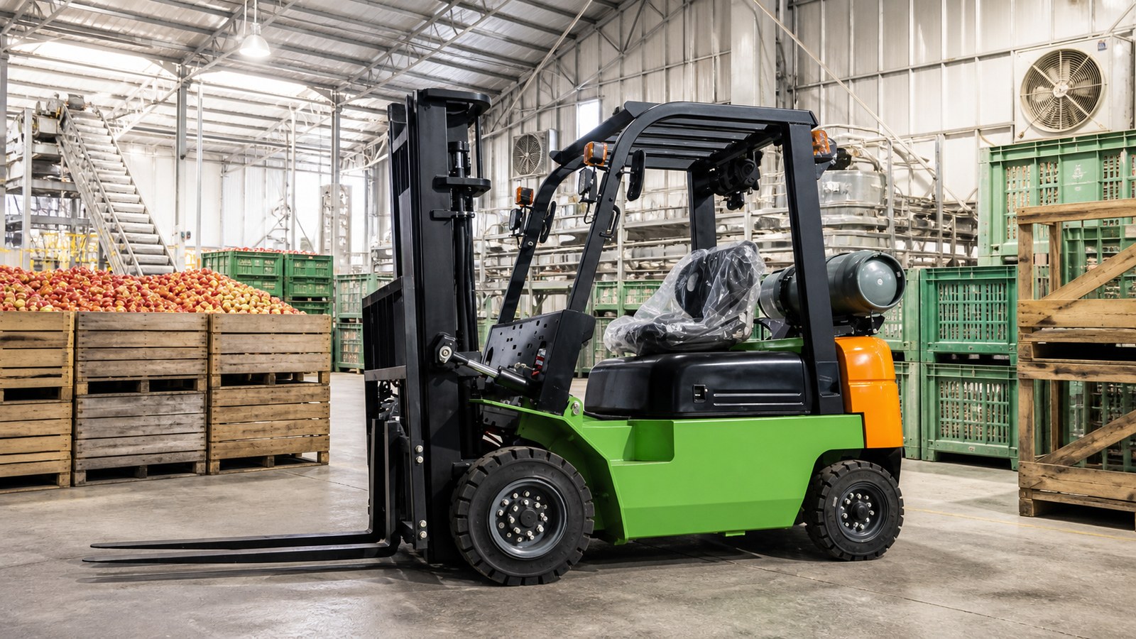 Technician completing pre-delivery checks on a dual fuel forklift