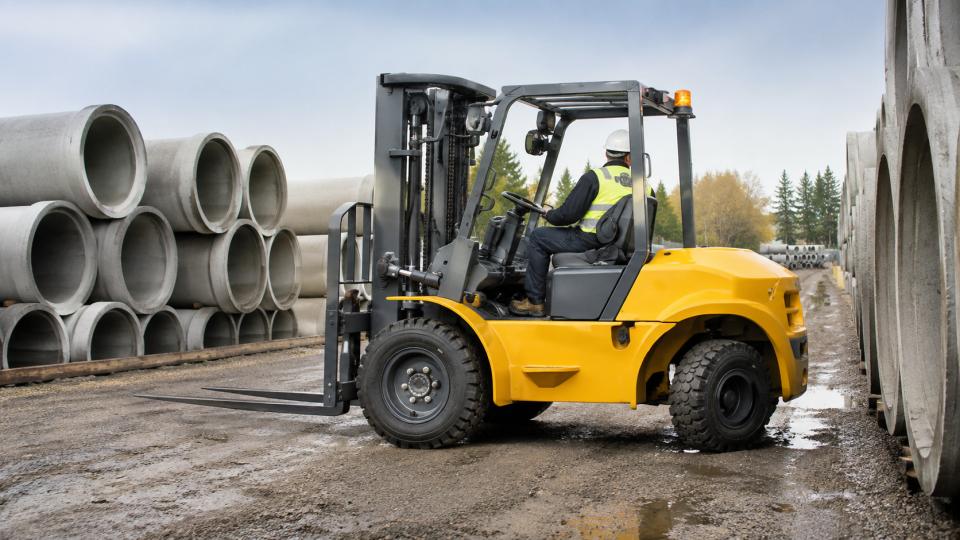 ZGFORKLIFT rear-swing rough-terrain forklift in an infrastructure yard