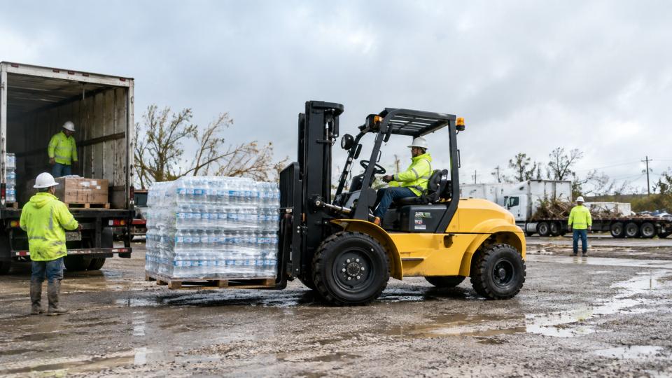 MYZG rough-terrain forklift configured for corridor logistics