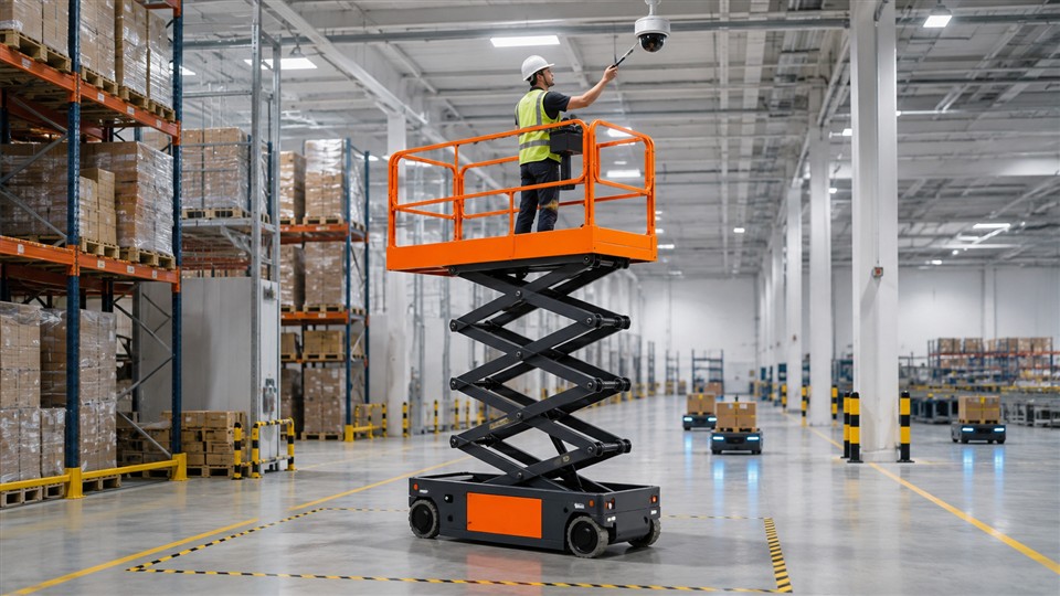 ZGFORKLIFT scissor lift servicing a machine-vision camera in an autonomous warehouse