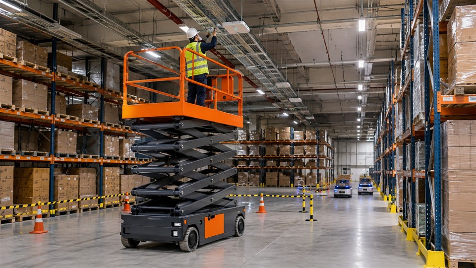 MYZG electric scissor lift maintaining warehouse network equipment
