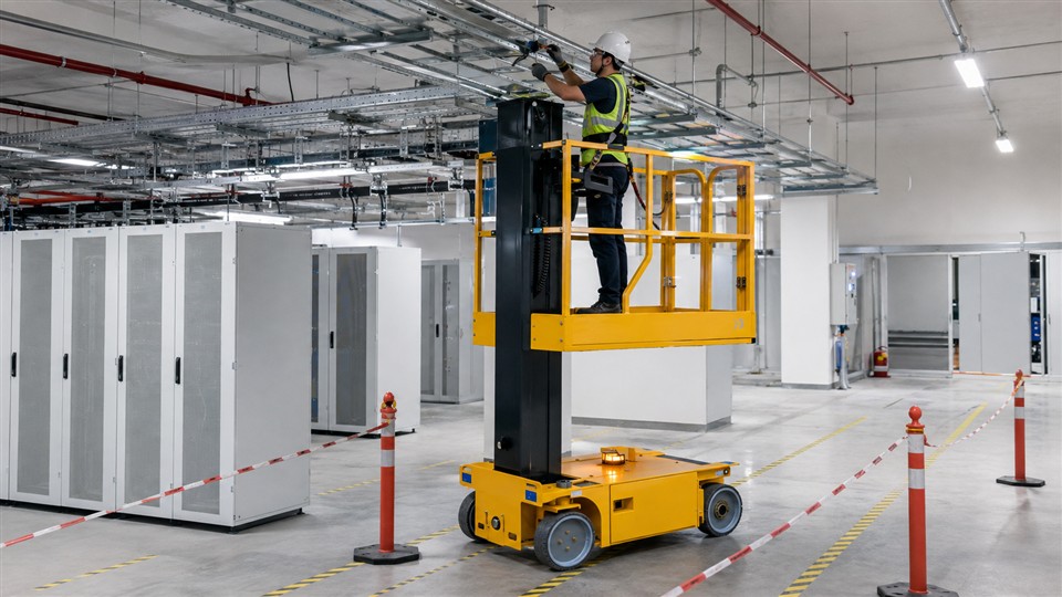 ZGFORKLIFT compact vertical mast lift installing data center cable trays