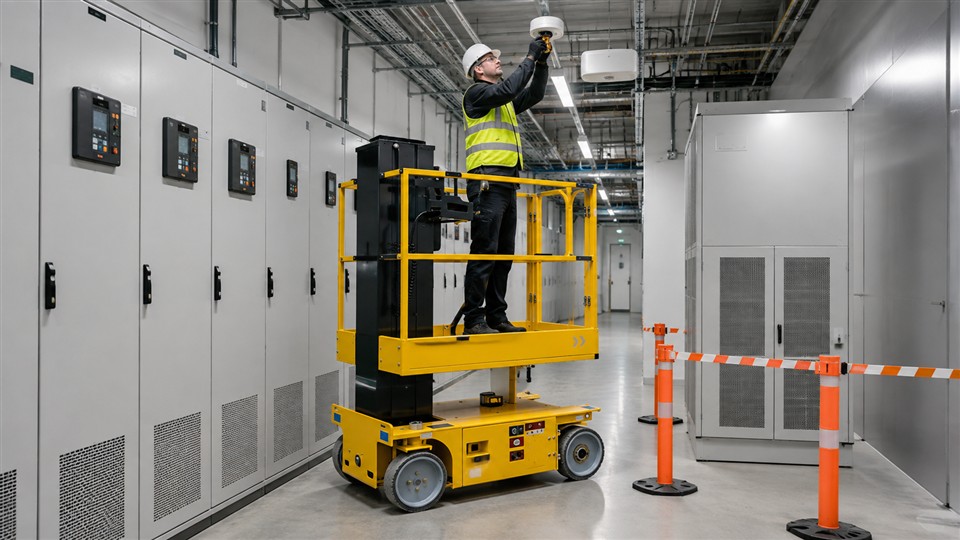 MYZG compact lift commissioning overhead sensors in a data center support corridor