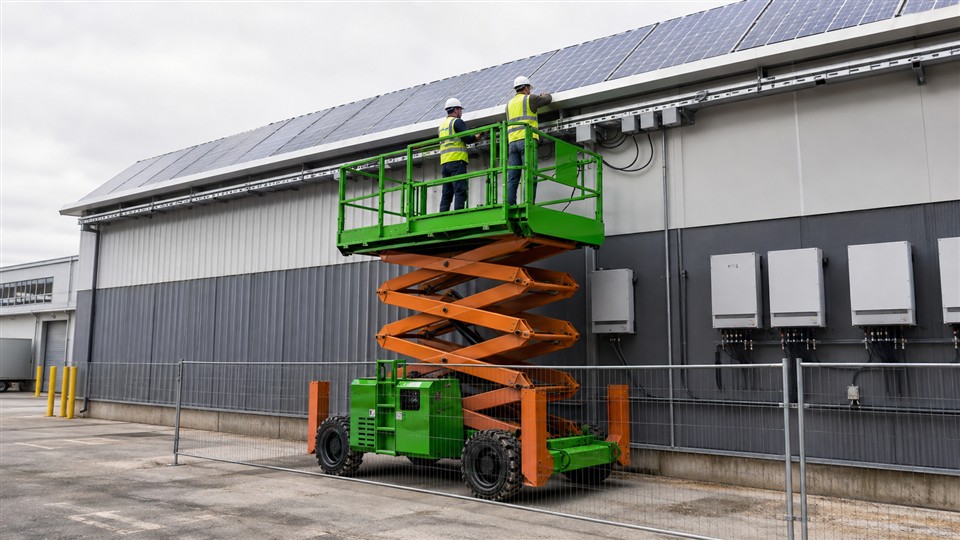 MYZG outdoor scissor lift servicing inverter cabling below warehouse rooftop solar panels