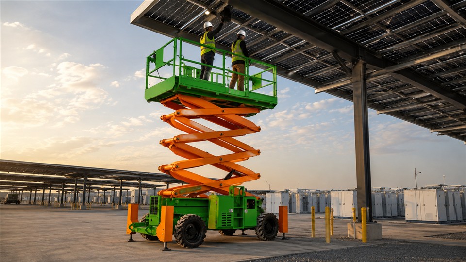 Rough-terrain scissor lift inspecting solar canopy lighting and monitoring sensors