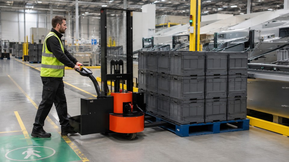 ZG-MYCDDH all-terrain electric pallet stacker in a September 2026 work scenario