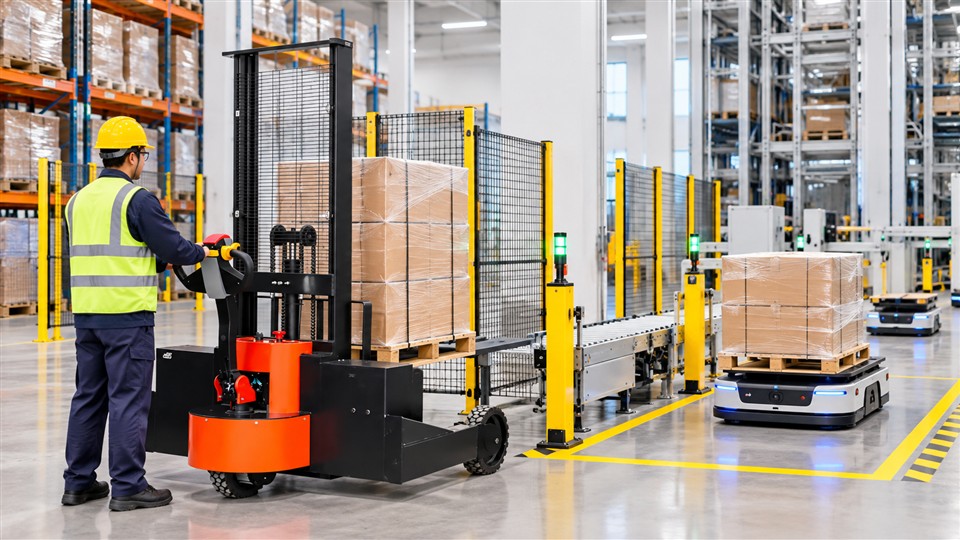 ZG-MYCDDH all-terrain electric pallet stacker in a September 9, 2026 work scenario