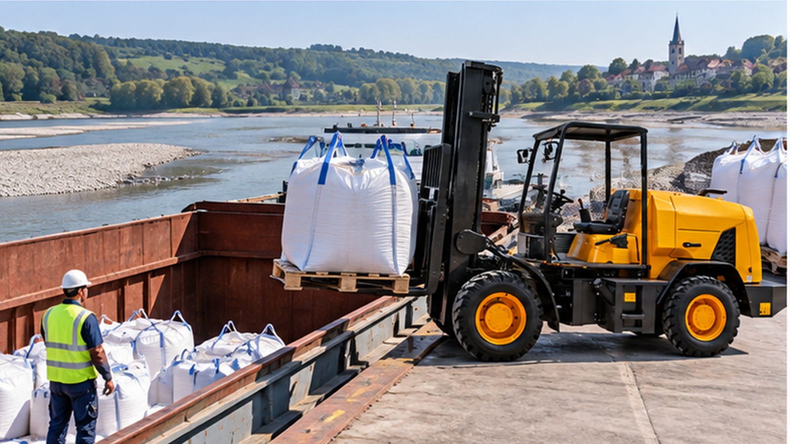 Record-Low Rhine Logistics: Rough-Terrain Forklifts for Emergency Transloading scene 2