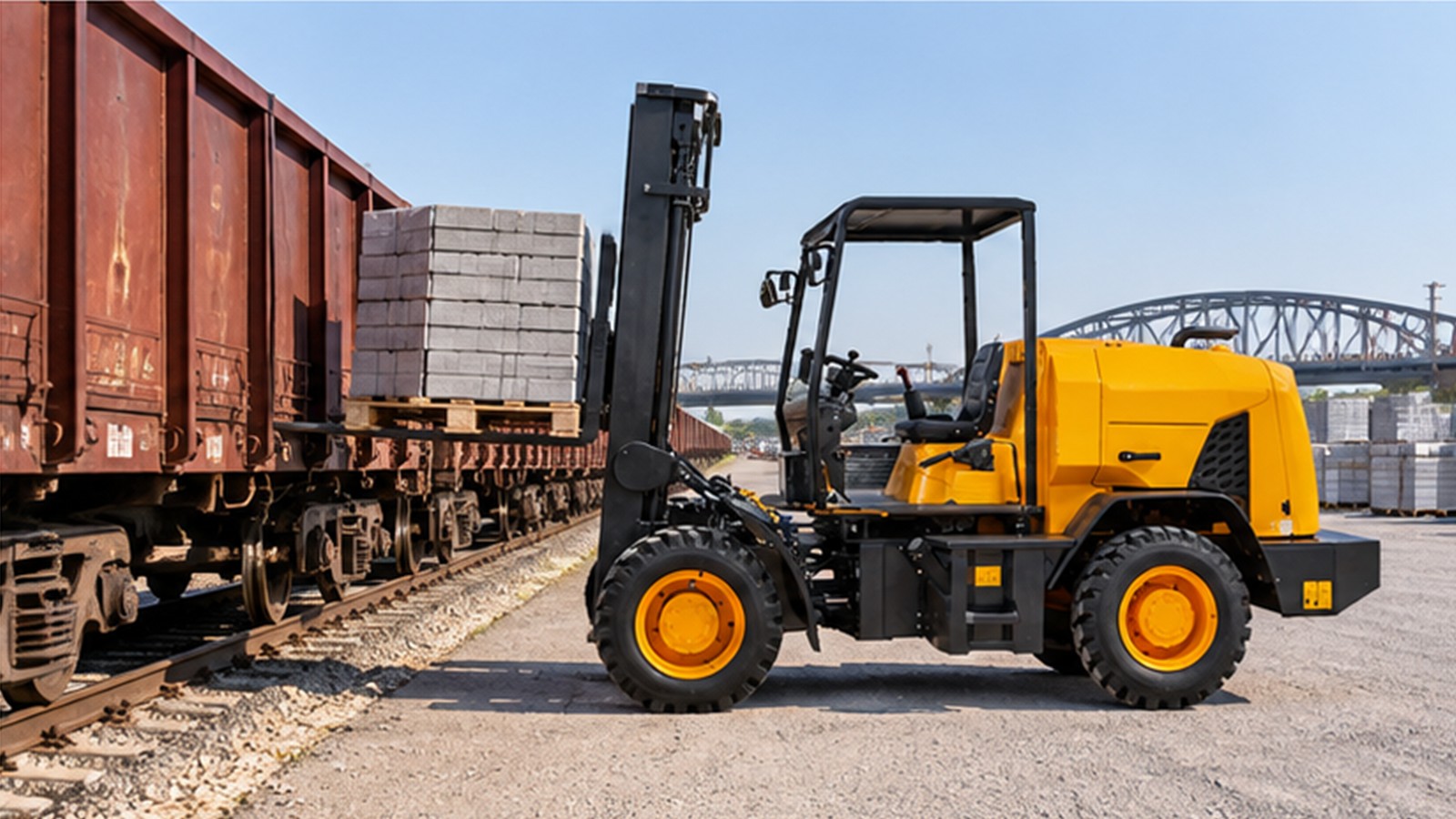 Record-Low Rhine Logistics: Rough-Terrain Forklifts for Emergency Transloading scene 3