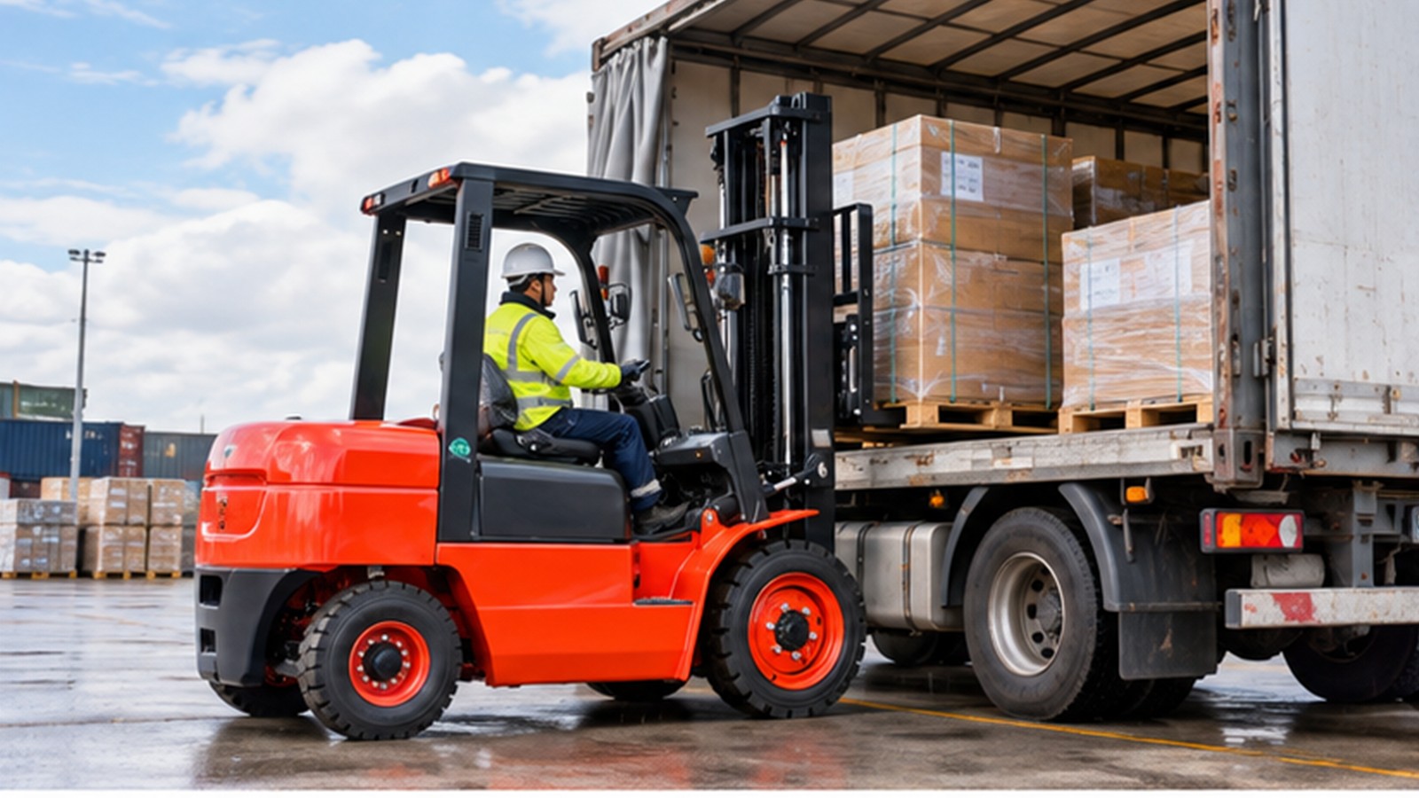 Autumn Freight Yard Readiness: Diesel Forklift Checks Before Rain and Peak Loads scene 1