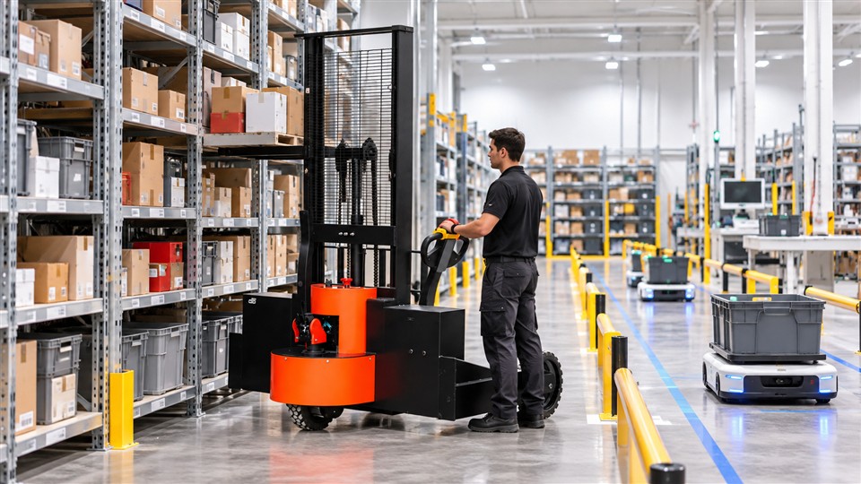 CQDH20 2-ton electric reach stacker in a September 28, 2026 work scenario