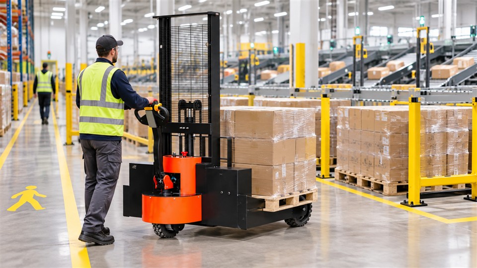 CDD15D 1.5-ton stand-on electric stacker material handling application