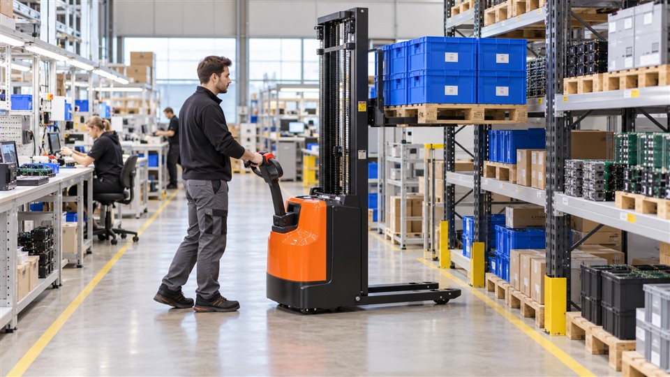 ZG-MYCDDH electric pallet stacker in a October 23, 2026 work scenario