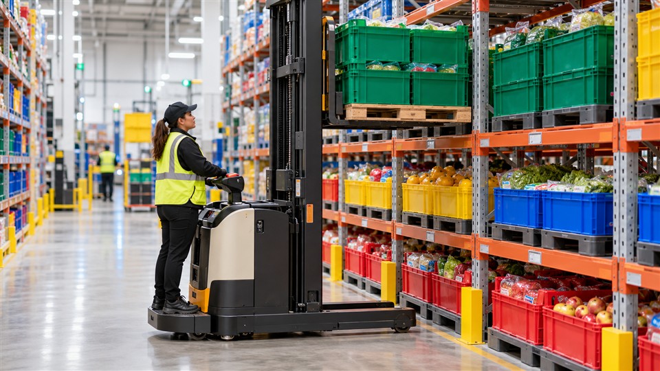 CDD15D stand-on electric pallet stacker material handling application