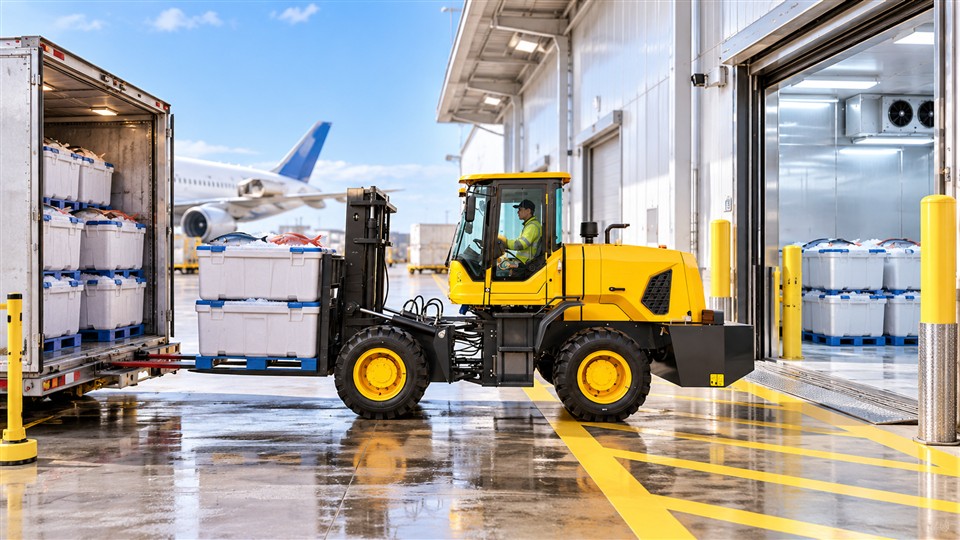 7T rough-terrain forklift warehouse work scene