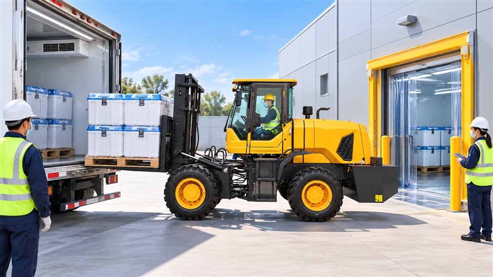 B29 off-road forklift material handling scene