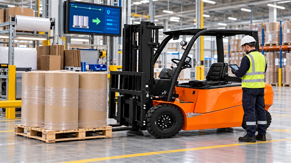 B30 lithium forklift warehouse work scene