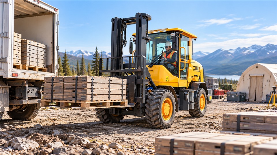 B28 rough-terrain forklift material-handling scene