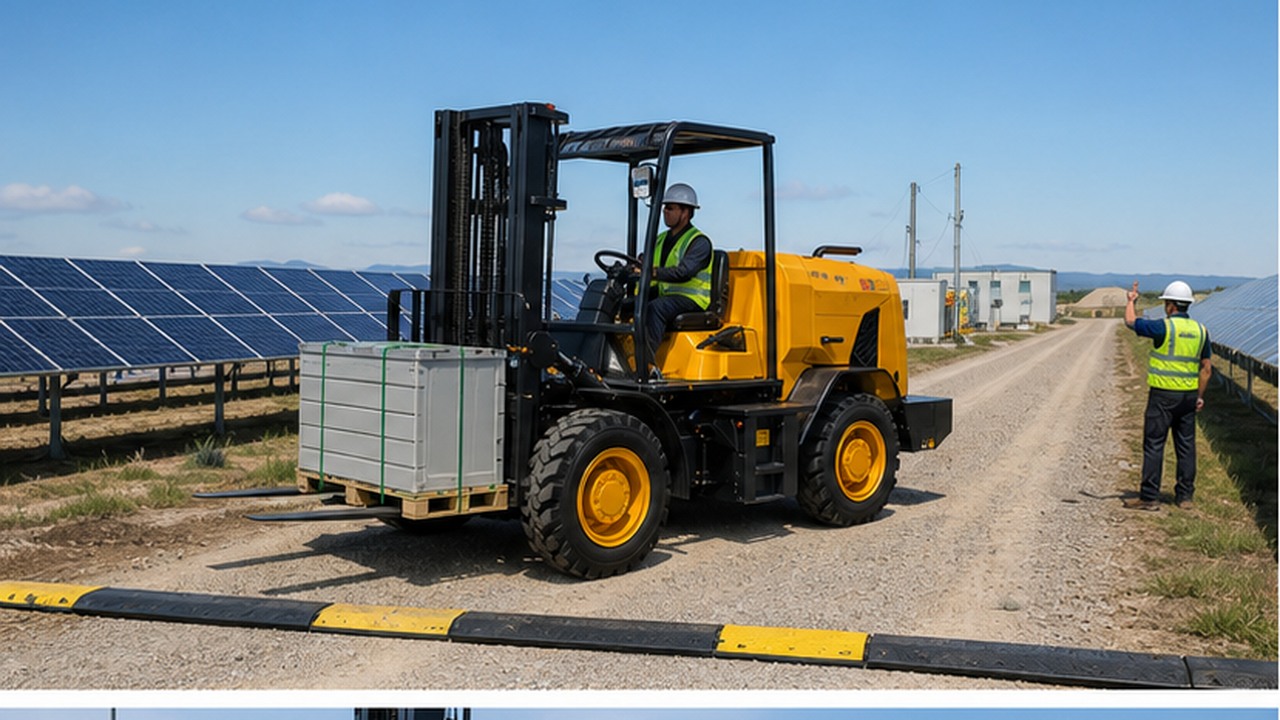 Rear-Pivot Forklifts in Solar Farms: A 2026 Cable-Crossing and Panel-Row Clearance Guide