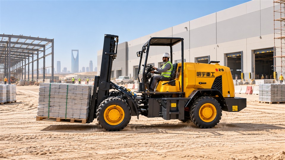 Saudi Warehouse Construction Guide 2026: Rear-Swing Forklifts for Phased Logistics Sites