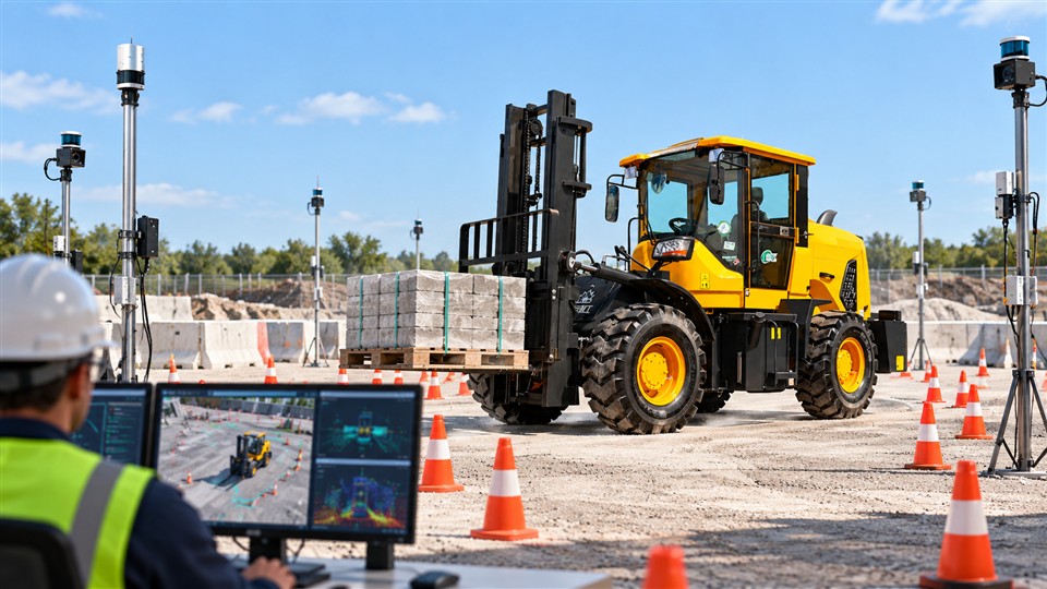 Simulation-First Physical AI: Remote Rough-Terrain Forklifts for Autonomous Validation