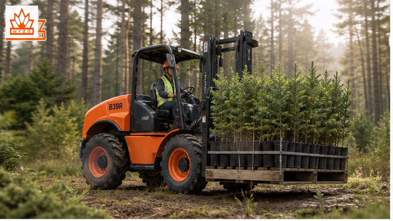 B39R Rear-Pivot Rough-Terrain Forklift for Forestry Nursery and Trail Logistics