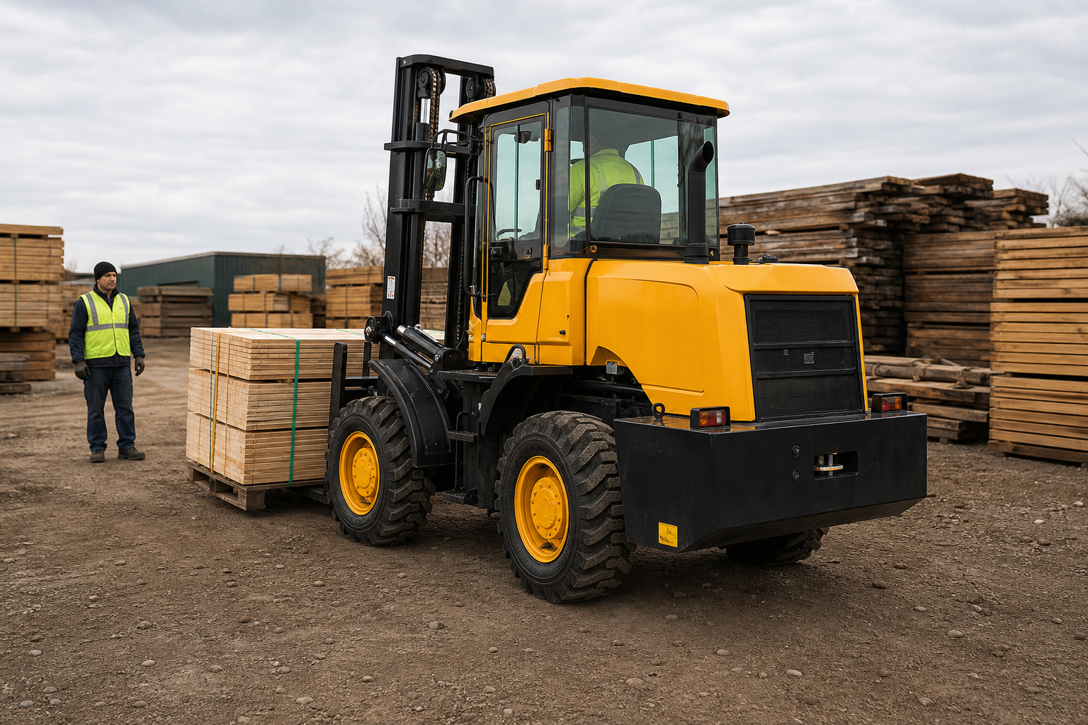 MYZG heavy duty diesel forklift moving concrete blocks in a building materials yard