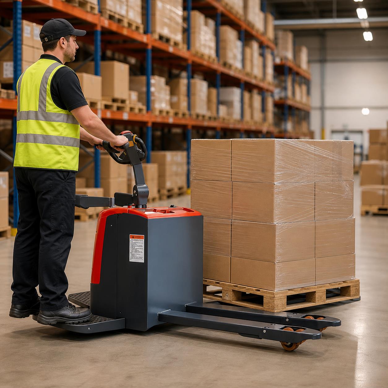 MYZG lithium battery forklift transporting refrigerated food in a cold-chain warehouse